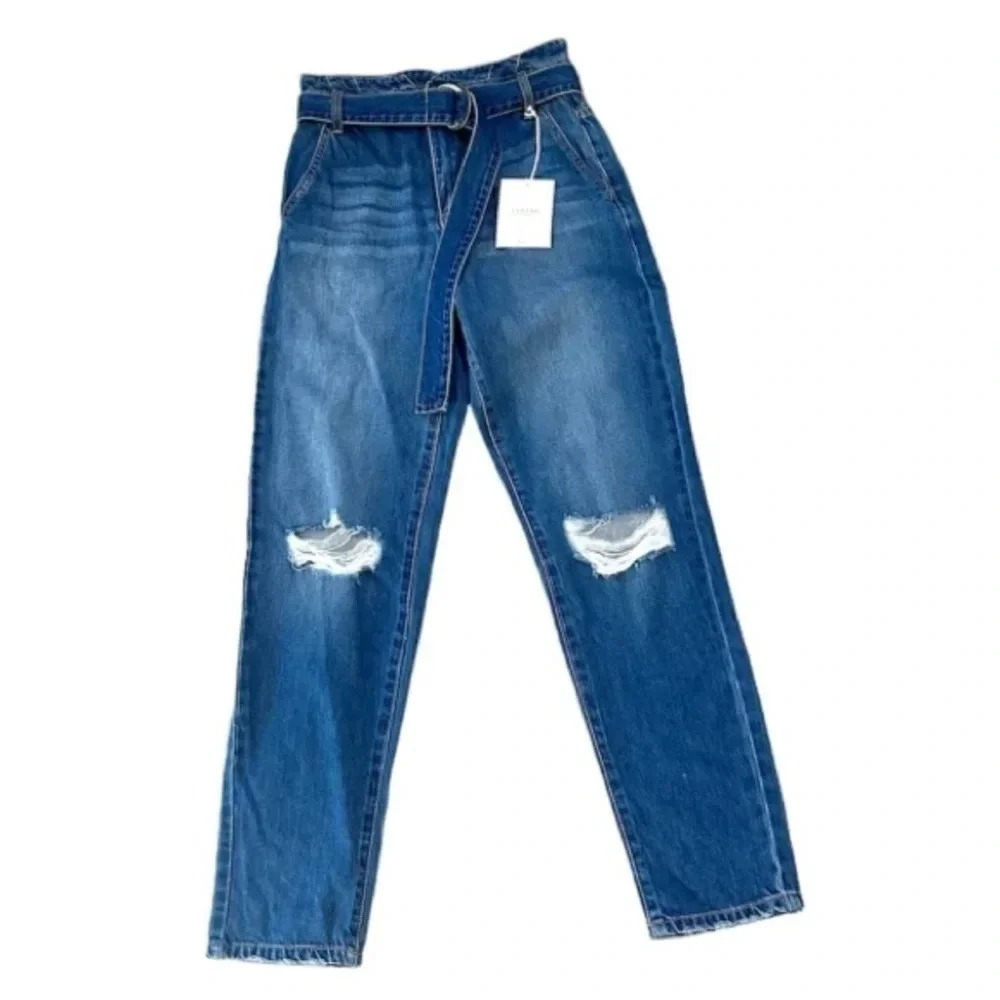 KanCan High Waist Belted Distressed Medium Wash Denim Tapered Leg Size 1/24 NWT